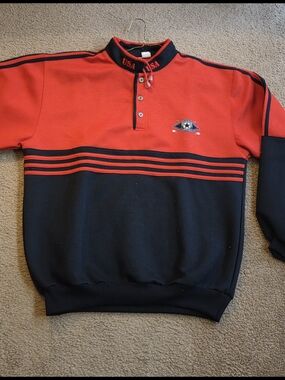 USA Ice Hockey Collared Button Neck Pullover Sweatshirt L Red Black Striped Logo